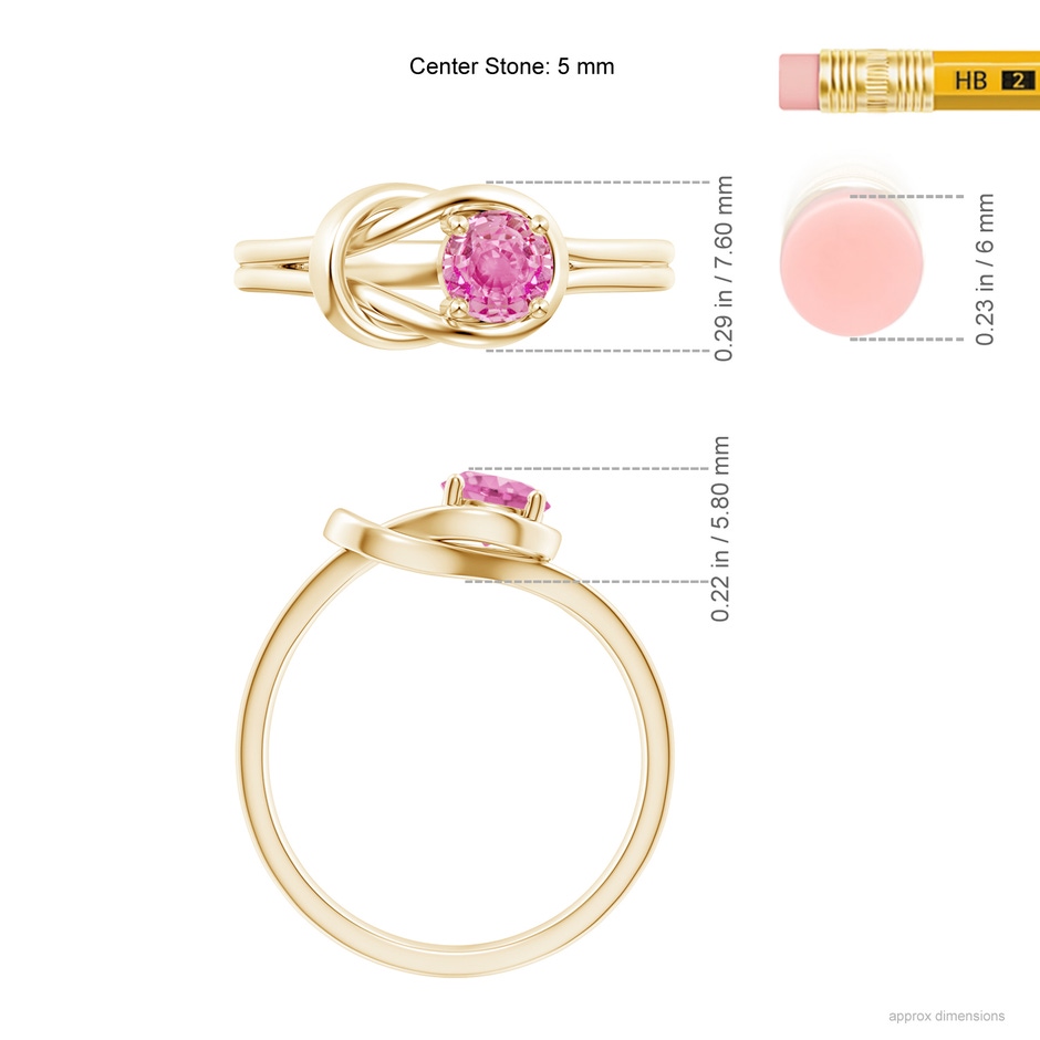 5mm AA Solitaire Pink Sapphire Infinity Knot Ring in Yellow Gold ruler