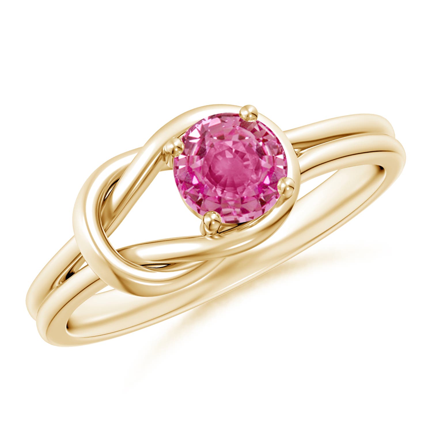 5mm AAA Solitaire Pink Sapphire Infinity Knot Ring in 18K Yellow Gold