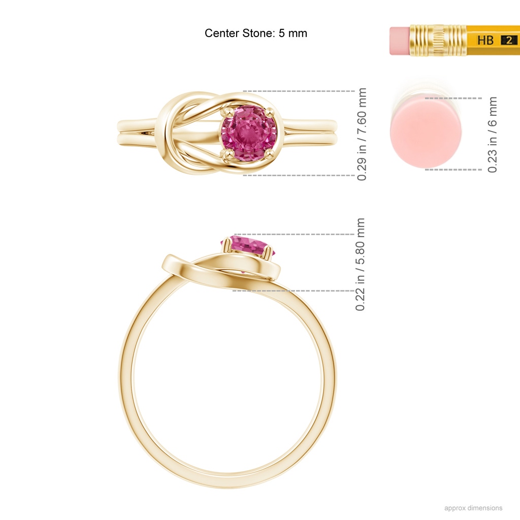 5mm AAAA Solitaire Pink Sapphire Infinity Knot Ring in Yellow Gold Ruler