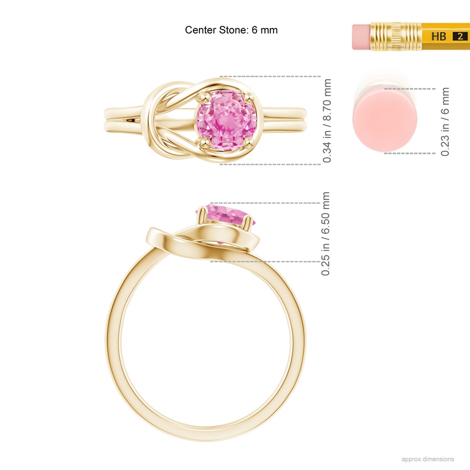 6mm A Solitaire Pink Sapphire Infinity Knot Ring in Yellow Gold ruler