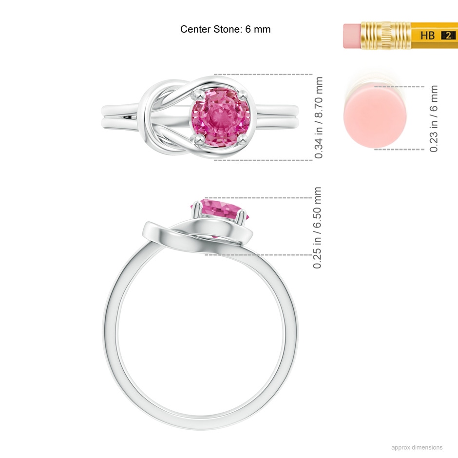 6mm AAA Solitaire Pink Sapphire Infinity Knot Ring in 18K White Gold ruler