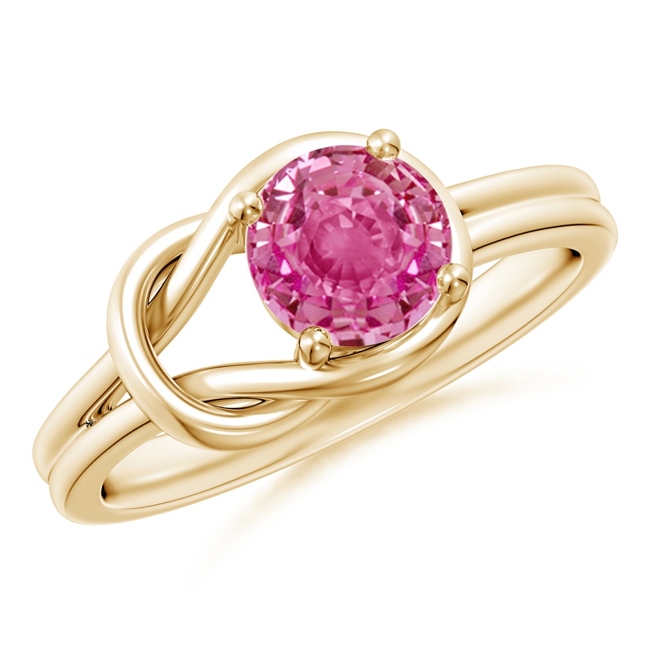 6mm AAA Solitaire Pink Sapphire Infinity Knot Ring in Yellow Gold 