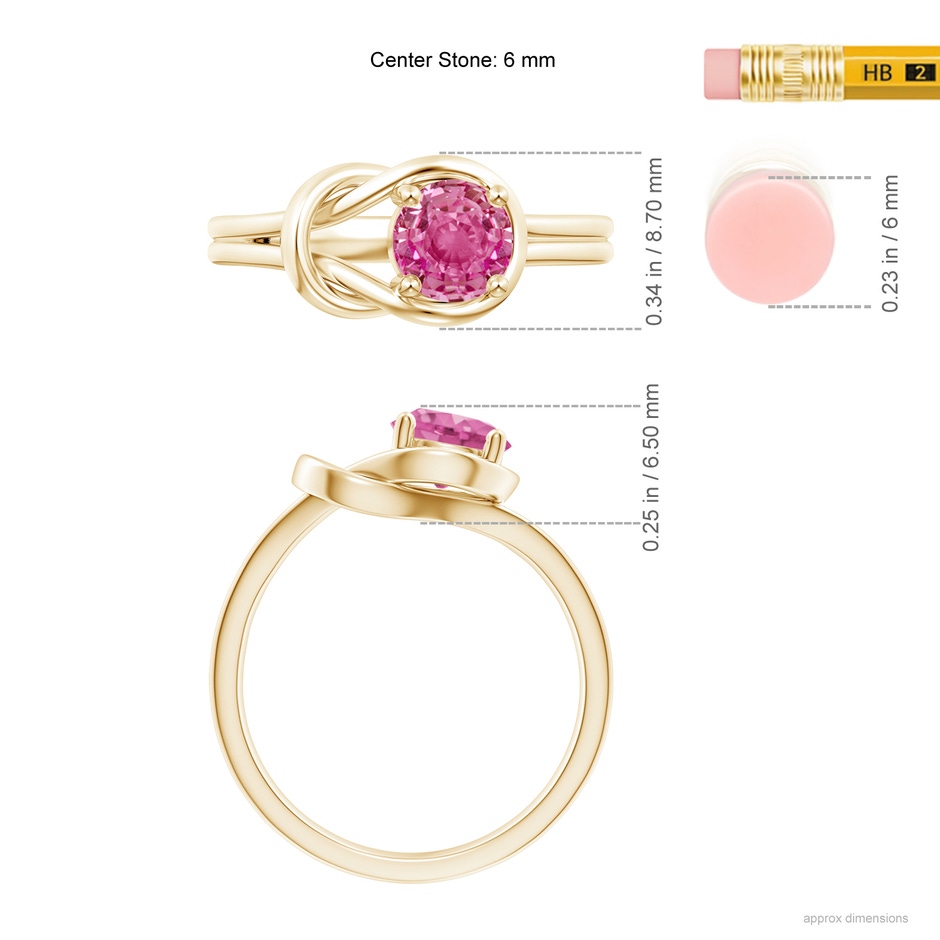 6mm AAA Solitaire Pink Sapphire Infinity Knot Ring in Yellow Gold ruler
