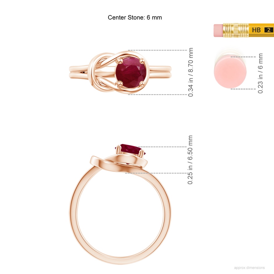 6mm A Solitaire Ruby Infinity Knot Ring in Rose Gold ruler