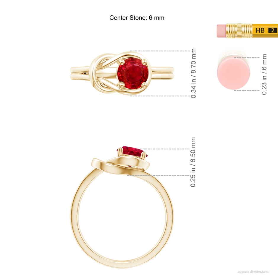 6mm AAA Solitaire Ruby Infinity Knot Ring in Yellow Gold ruler
