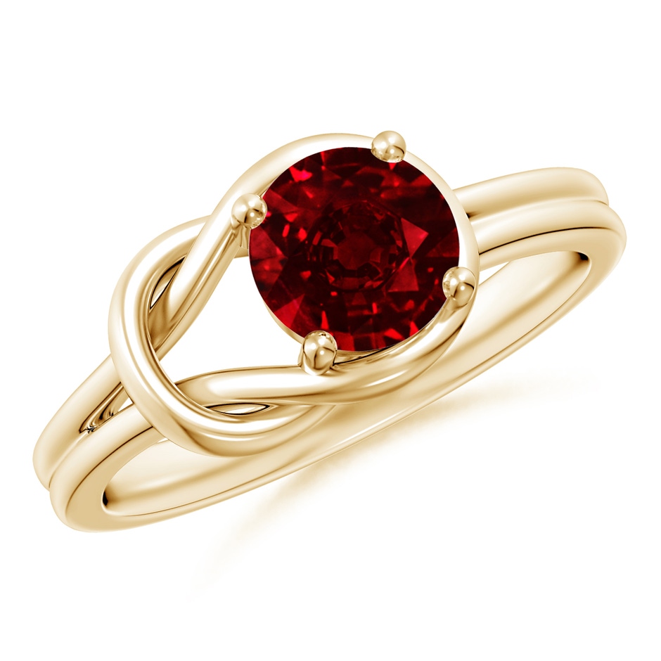 6mm AAAA Solitaire Ruby Infinity Knot Ring in Yellow Gold 