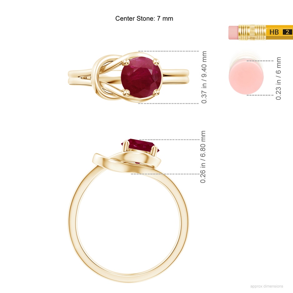 7mm A Solitaire Ruby Infinity Knot Ring in Yellow Gold ruler