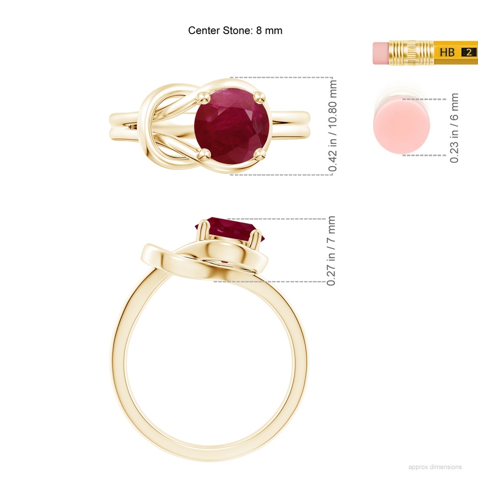 8mm A Solitaire Ruby Infinity Knot Ring in Yellow Gold ruler