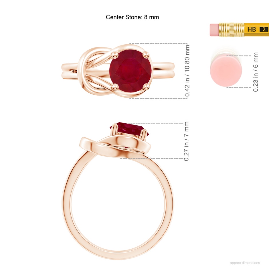 8mm AA Solitaire Ruby Infinity Knot Ring in Rose Gold ruler