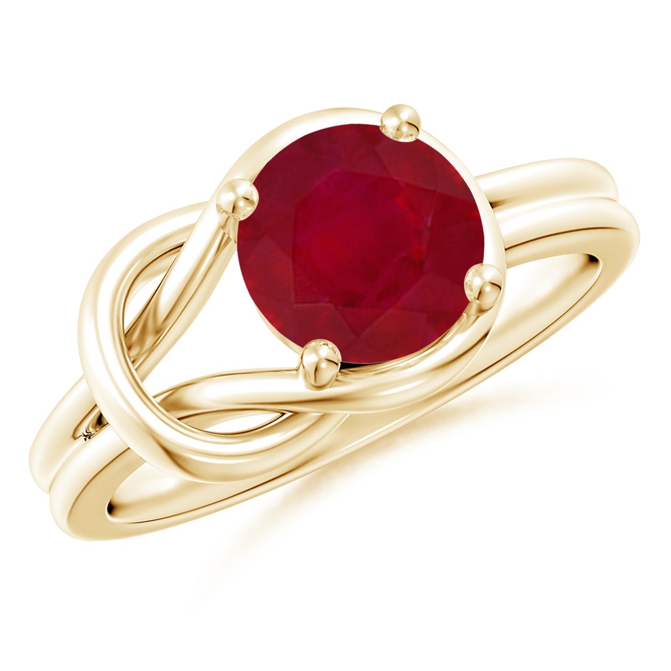 8mm AA Solitaire Ruby Infinity Knot Ring in Yellow Gold 