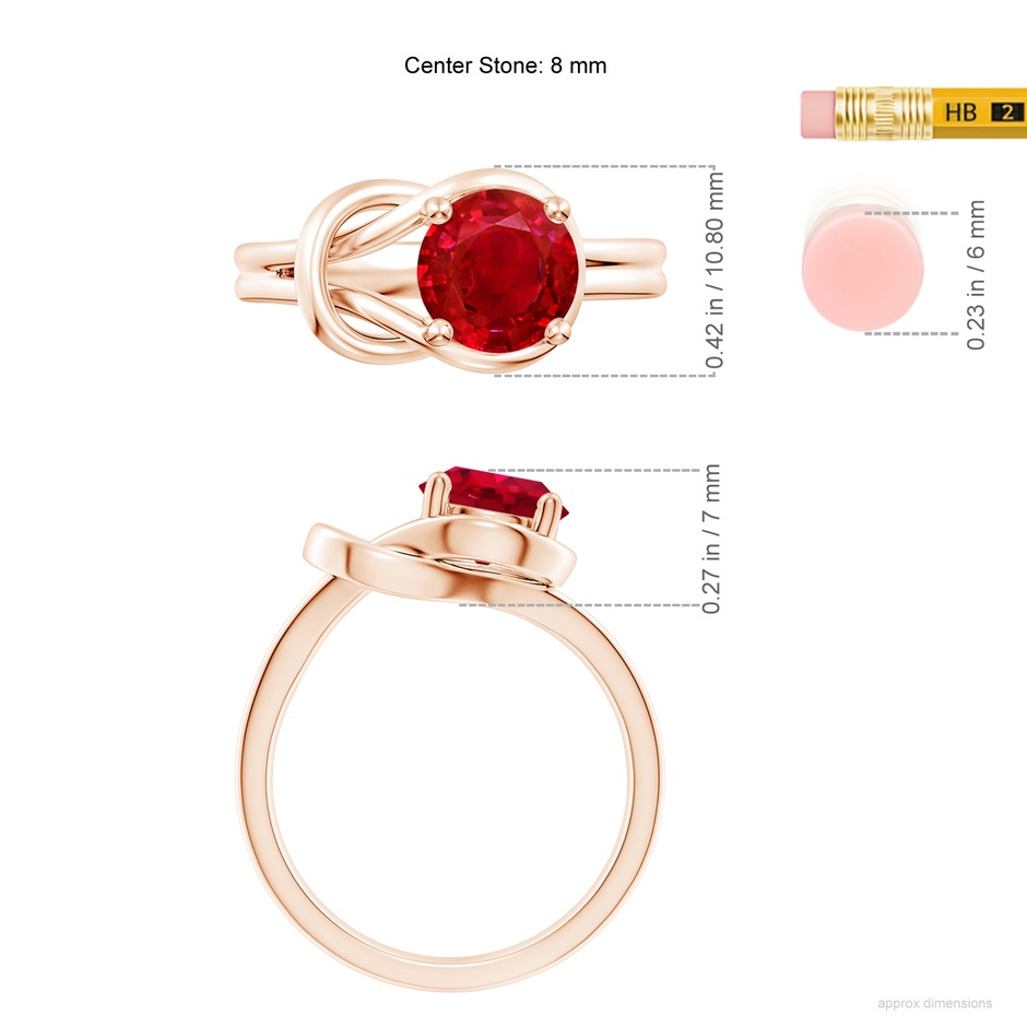 8mm AAA Solitaire Ruby Infinity Knot Ring in Rose Gold ruler