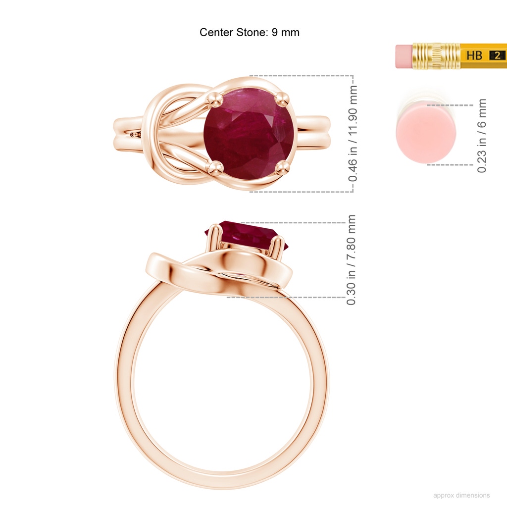 9mm A Solitaire Ruby Infinity Knot Ring in Rose Gold ruler