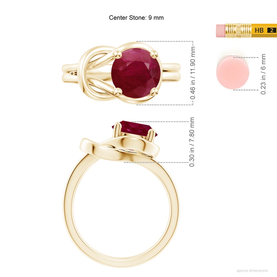 9mm A Solitaire Ruby Infinity Knot Ring in Yellow Gold ruler