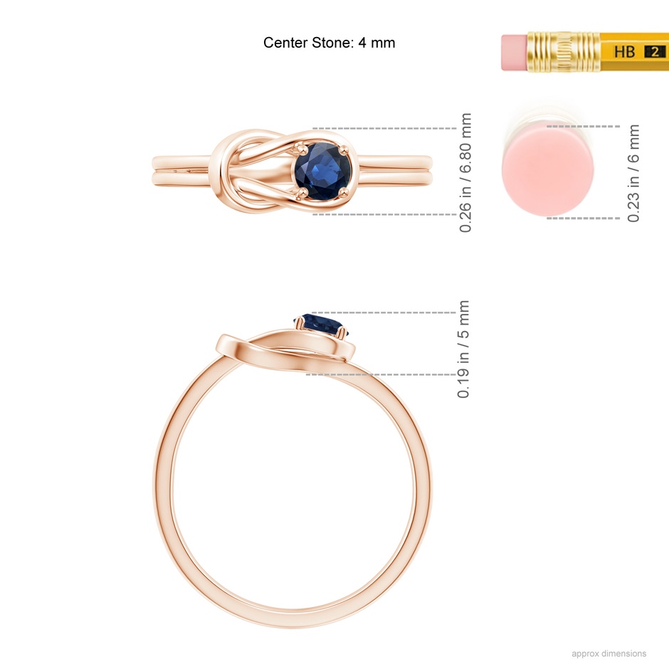 4mm AA Solitaire Blue Sapphire Infinity Knot Ring in Rose Gold ruler