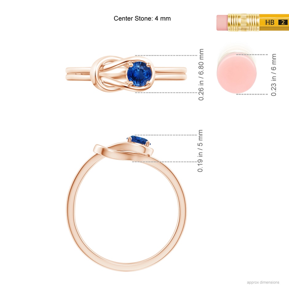 4mm AAA Solitaire Blue Sapphire Infinity Knot Ring in Rose Gold ruler