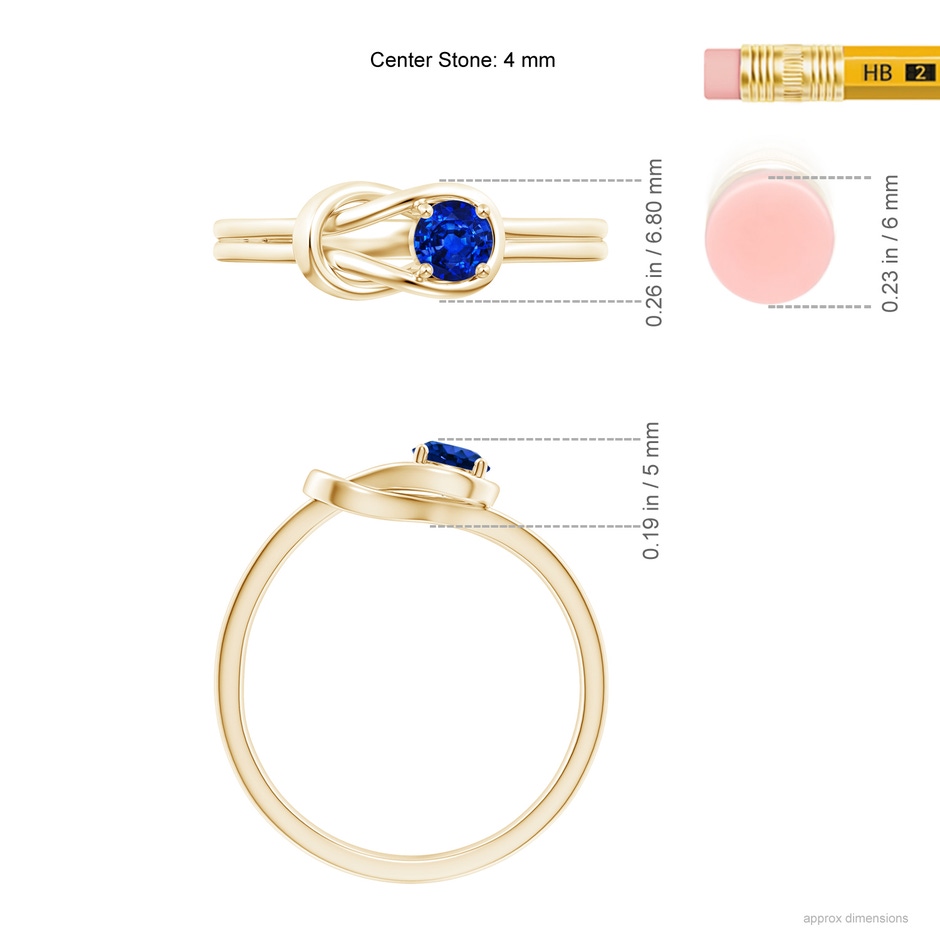 4mm AAAA Solitaire Blue Sapphire Infinity Knot Ring in Yellow Gold ruler