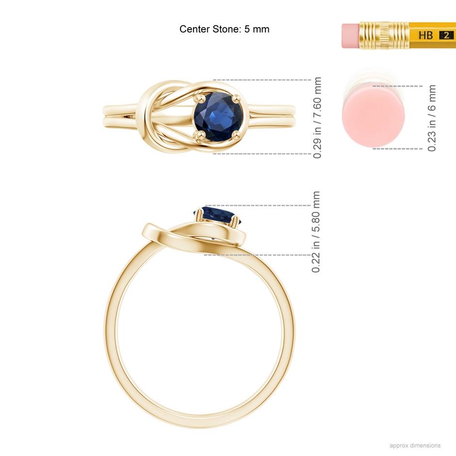 5mm AA Solitaire Blue Sapphire Infinity Knot Ring in Yellow Gold ruler