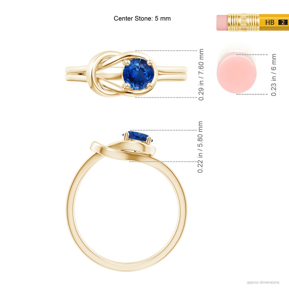 5mm AAA Solitaire Blue Sapphire Infinity Knot Ring in Yellow Gold ruler