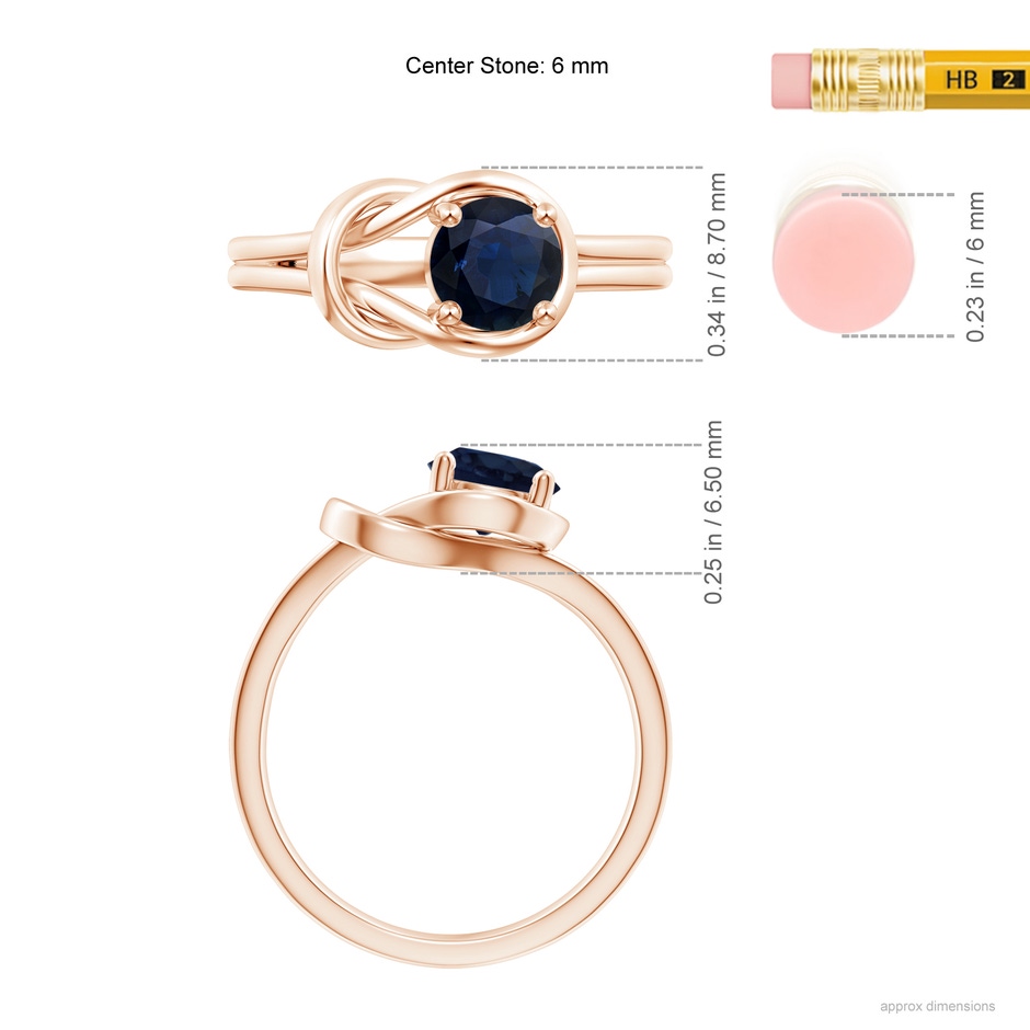 6mm A Solitaire Blue Sapphire Infinity Knot Ring in Rose Gold ruler
