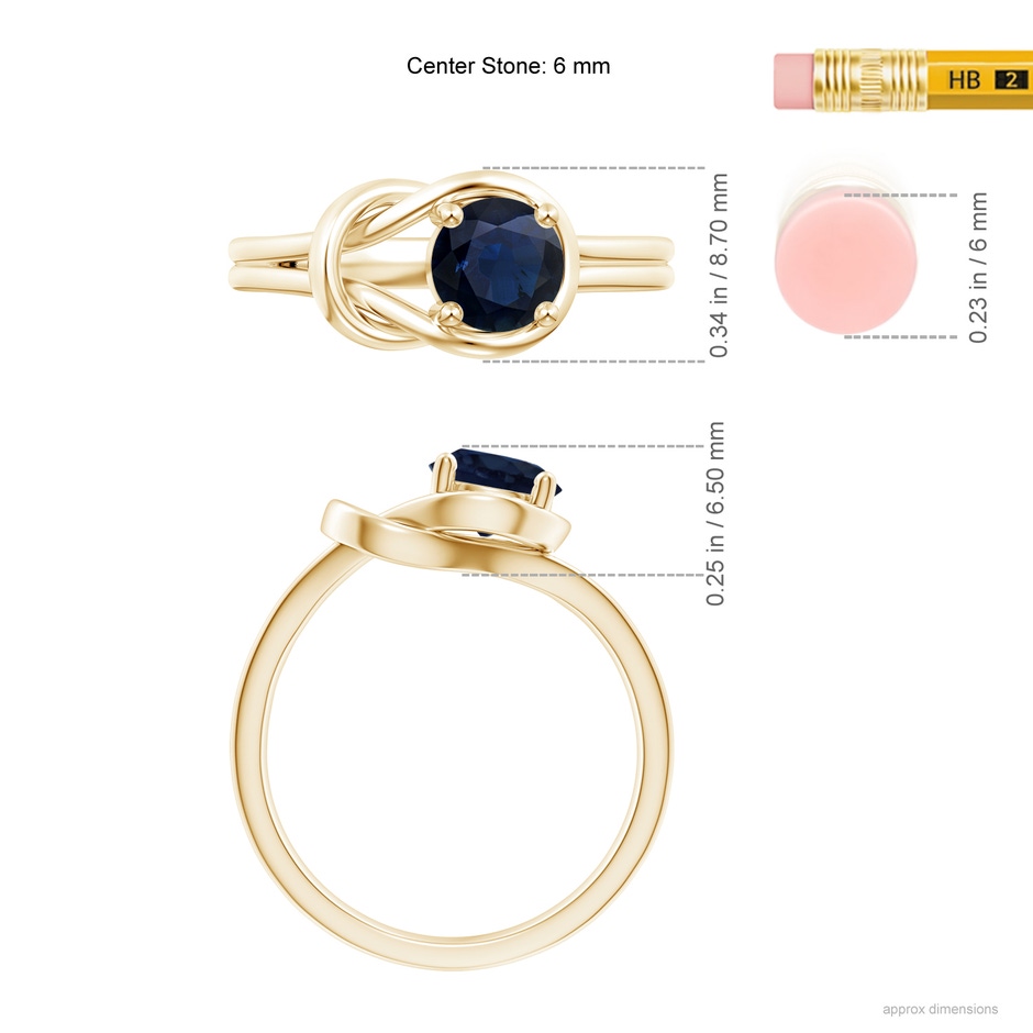 6mm A Solitaire Blue Sapphire Infinity Knot Ring in Yellow Gold ruler