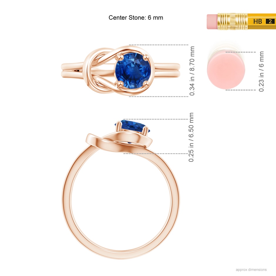 6mm AAA Solitaire Blue Sapphire Infinity Knot Ring in Rose Gold ruler