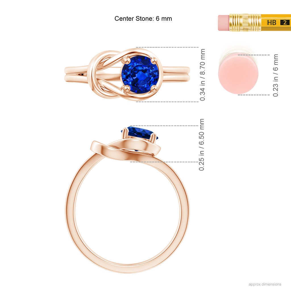 6mm AAAA Solitaire Blue Sapphire Infinity Knot Ring in 9K Rose Gold ruler