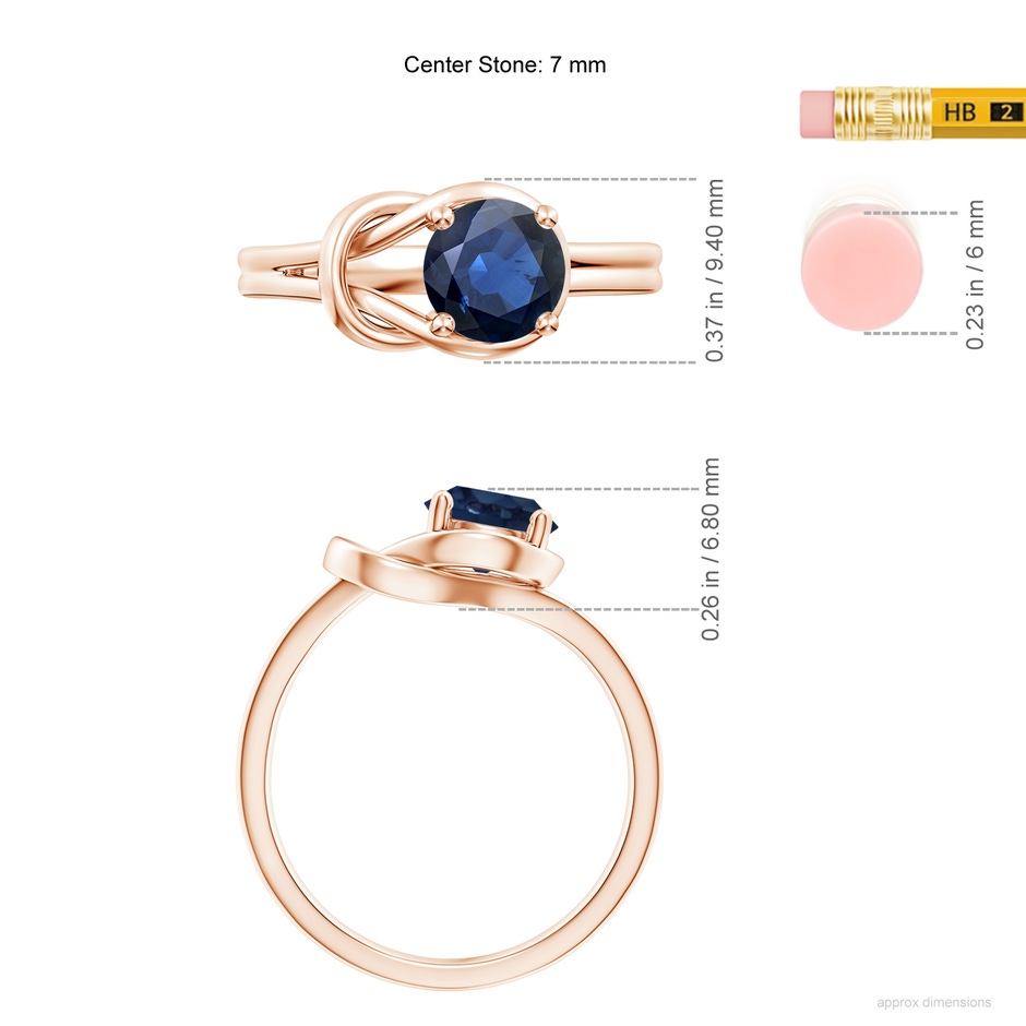 7mm AA Solitaire Blue Sapphire Infinity Knot Ring in Rose Gold ruler