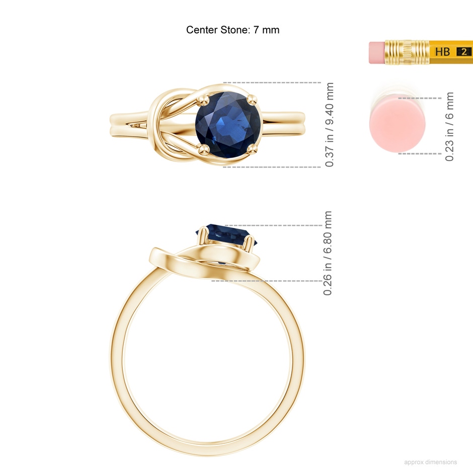 7mm AA Solitaire Blue Sapphire Infinity Knot Ring in Yellow Gold ruler