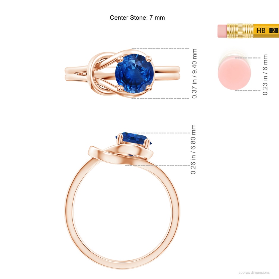 7mm AAA Solitaire Blue Sapphire Infinity Knot Ring in 9K Rose Gold ruler