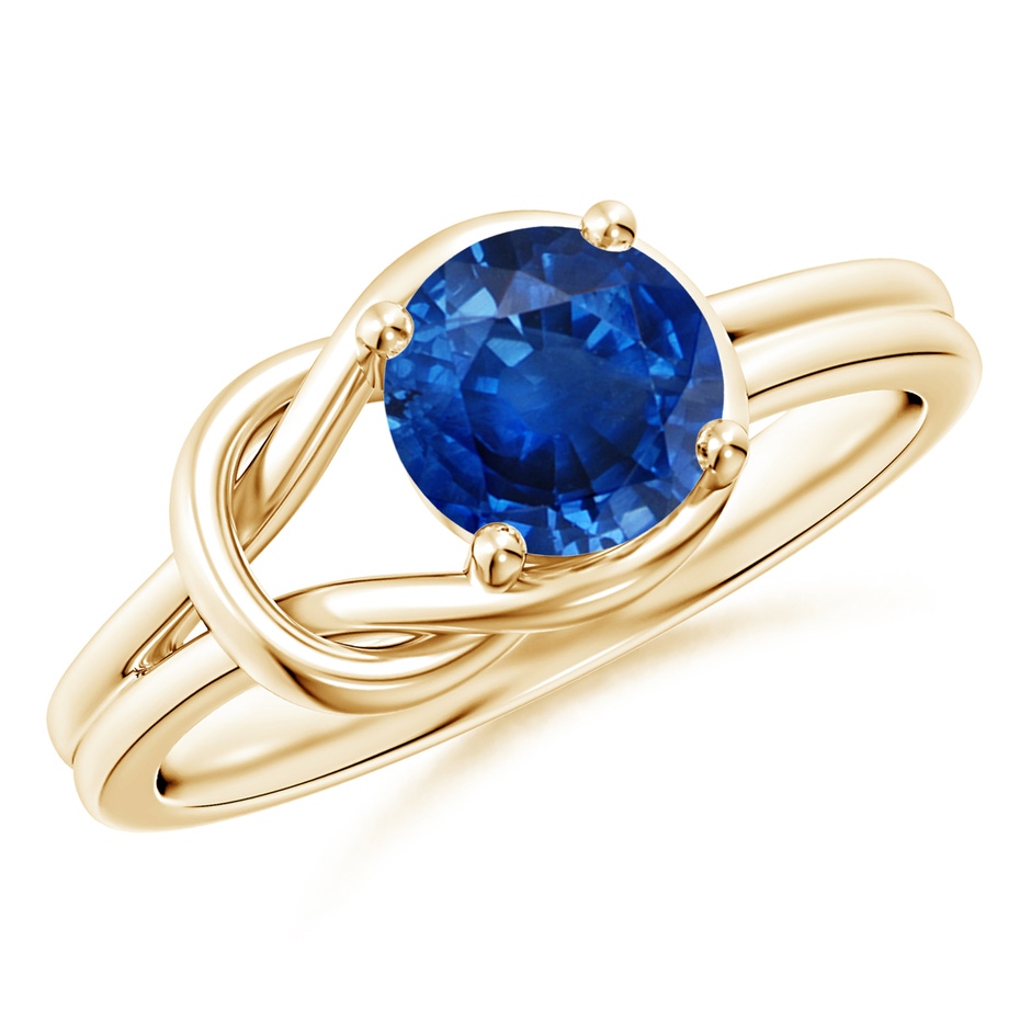 7mm AAA Solitaire Blue Sapphire Infinity Knot Ring in Yellow Gold 