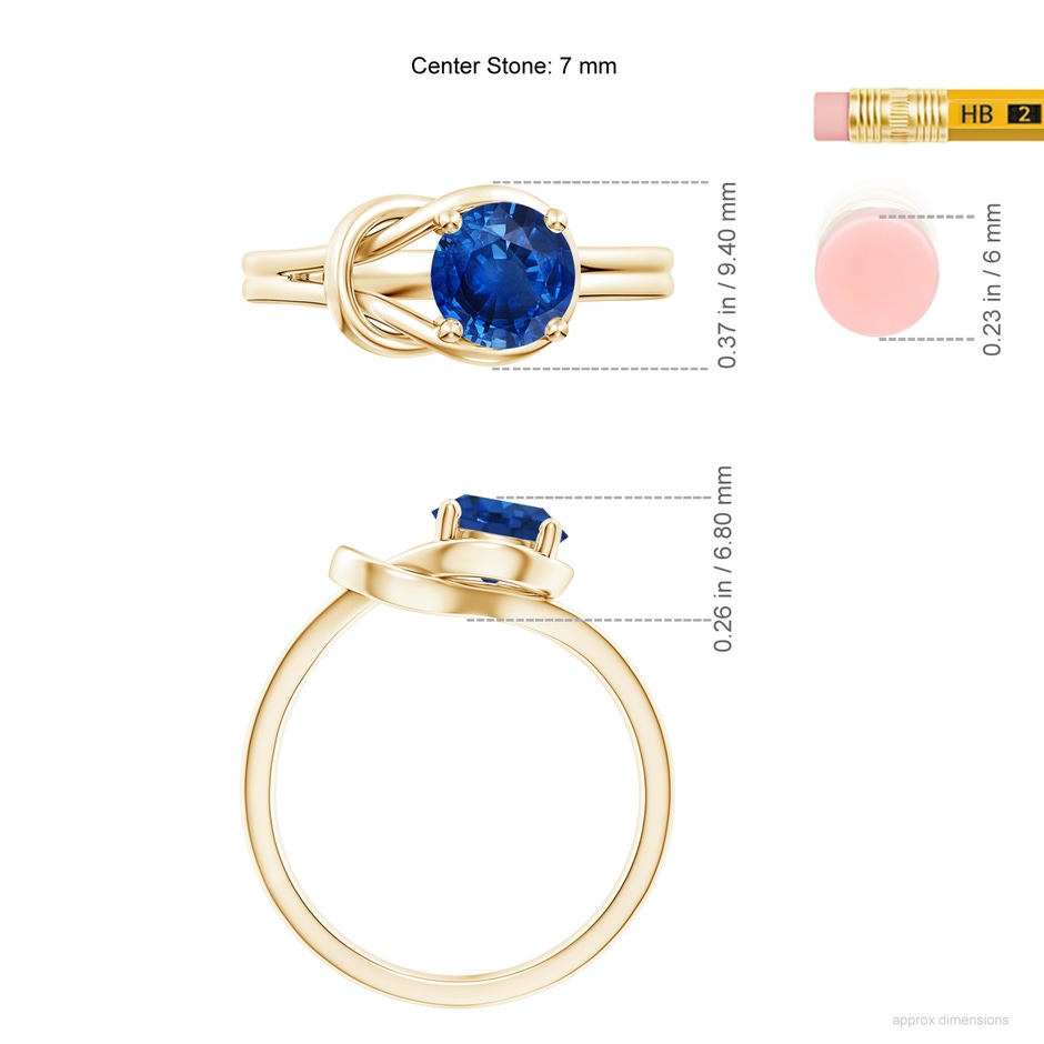 7mm AAA Solitaire Blue Sapphire Infinity Knot Ring in Yellow Gold ruler