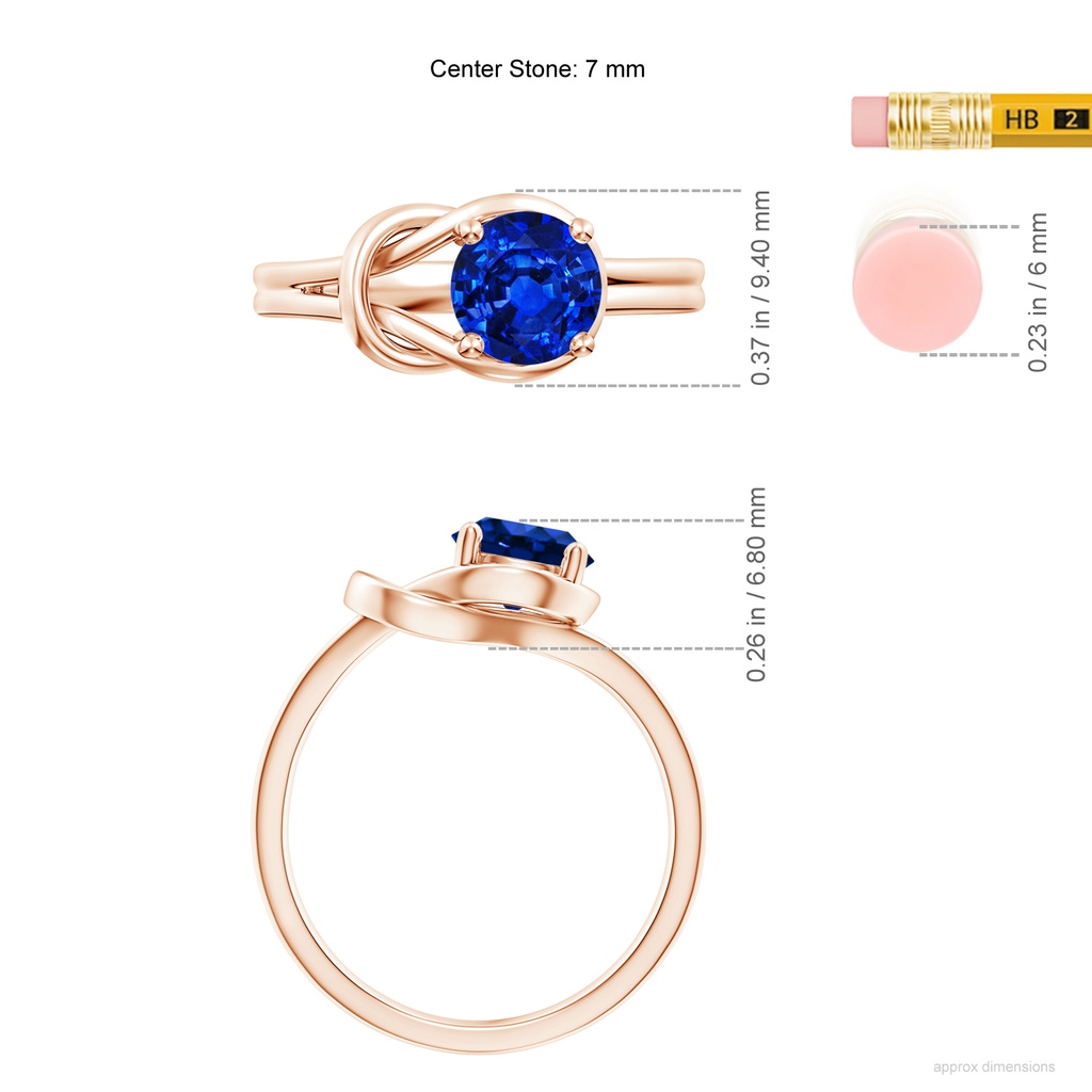 7mm AAAA Solitaire Blue Sapphire Infinity Knot Ring in Rose Gold ruler