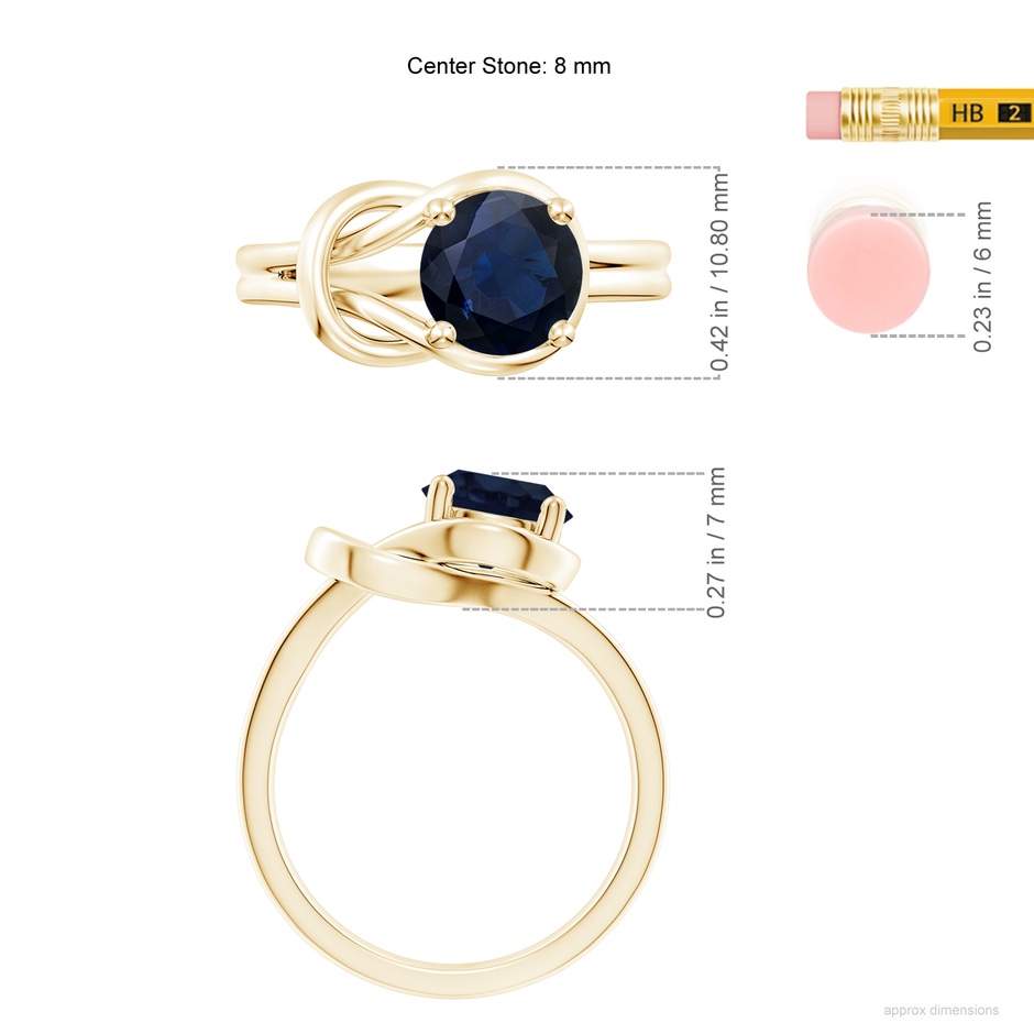 8mm A Solitaire Blue Sapphire Infinity Knot Ring in Yellow Gold ruler