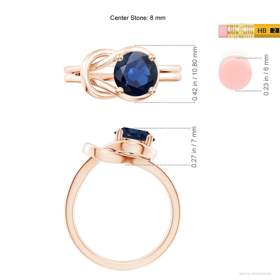 8mm AA Solitaire Blue Sapphire Infinity Knot Ring in Rose Gold ruler