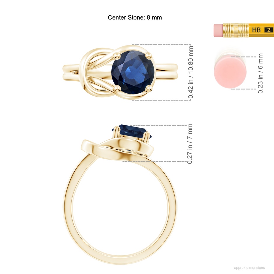 8mm AA Solitaire Blue Sapphire Infinity Knot Ring in Yellow Gold ruler