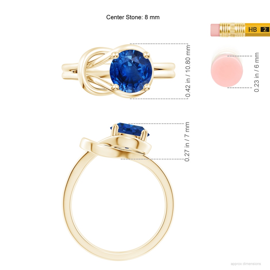 8mm AAA Solitaire Blue Sapphire Infinity Knot Ring in Yellow Gold ruler