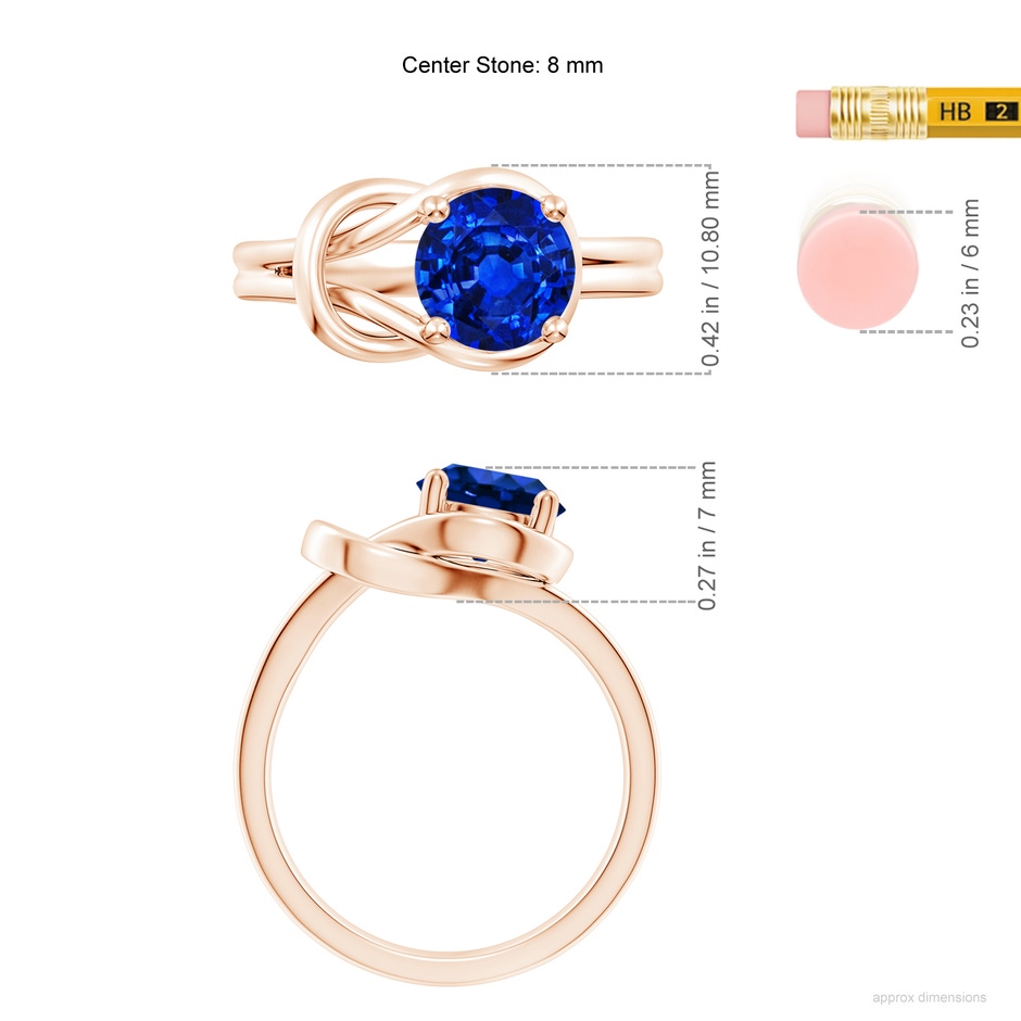 8mm AAAA Solitaire Blue Sapphire Infinity Knot Ring in Rose Gold ruler