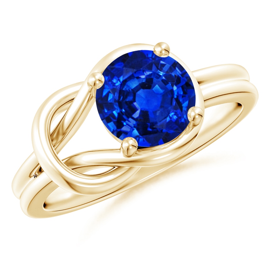 8mm AAAA Solitaire Blue Sapphire Infinity Knot Ring in Yellow Gold 