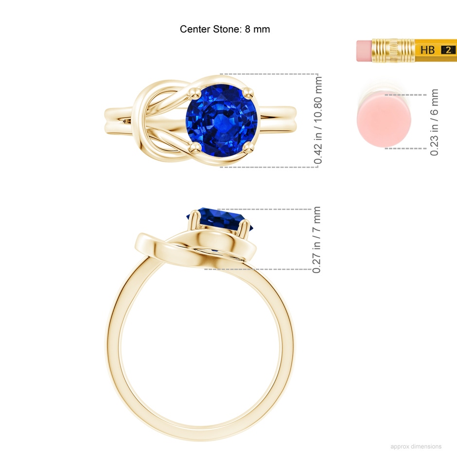 8mm AAAA Solitaire Blue Sapphire Infinity Knot Ring in Yellow Gold ruler