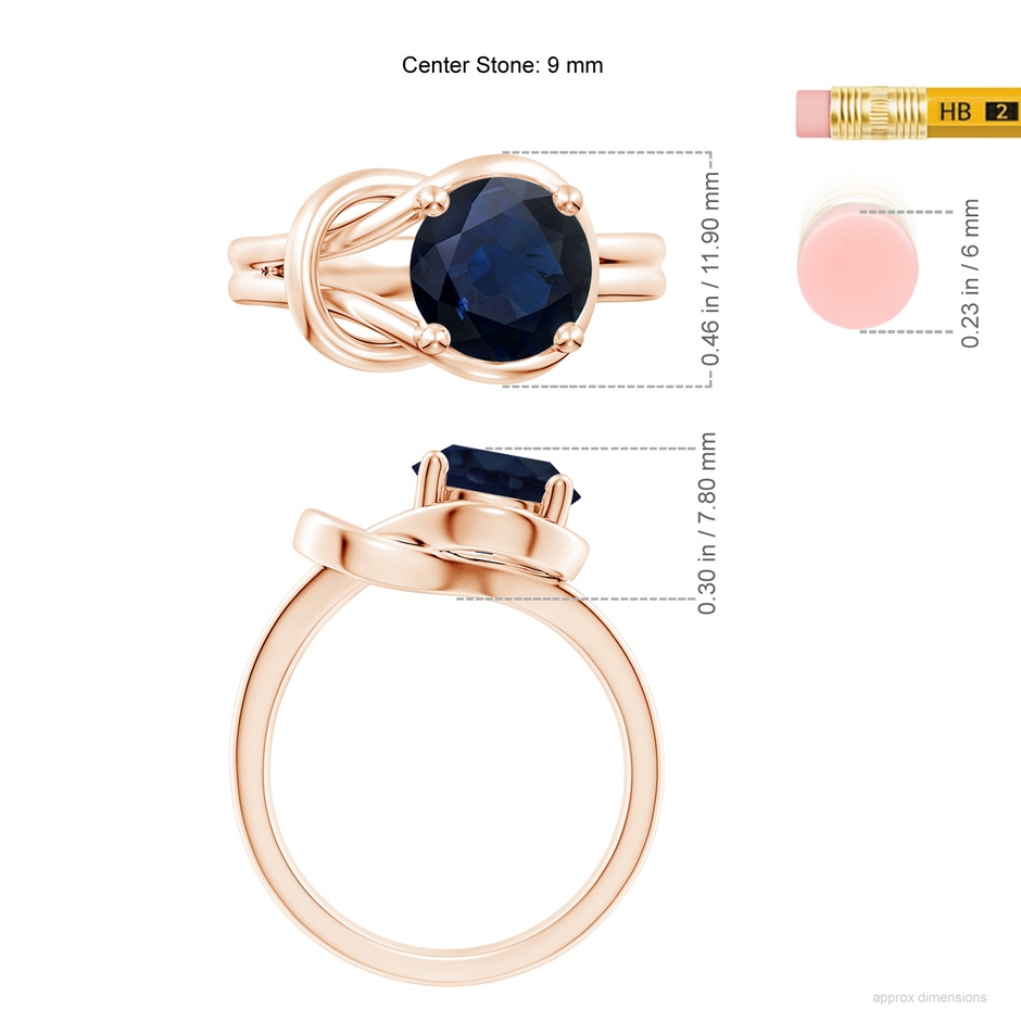 9mm A Solitaire Blue Sapphire Infinity Knot Ring in Rose Gold ruler