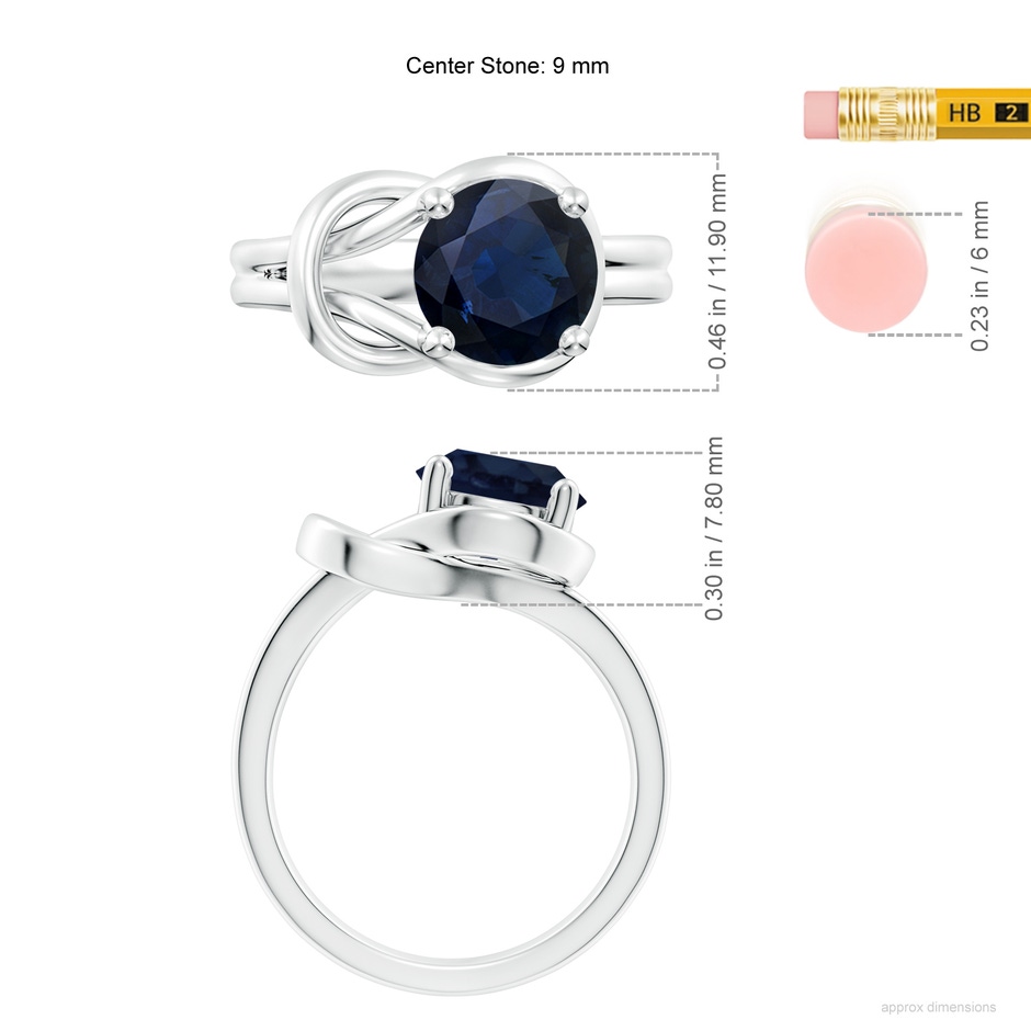 9mm A Solitaire Blue Sapphire Infinity Knot Ring in White Gold ruler