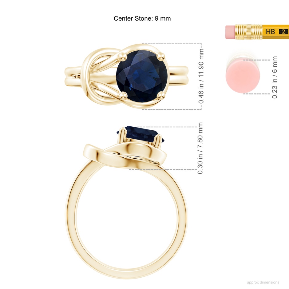 9mm A Solitaire Blue Sapphire Infinity Knot Ring in Yellow Gold ruler