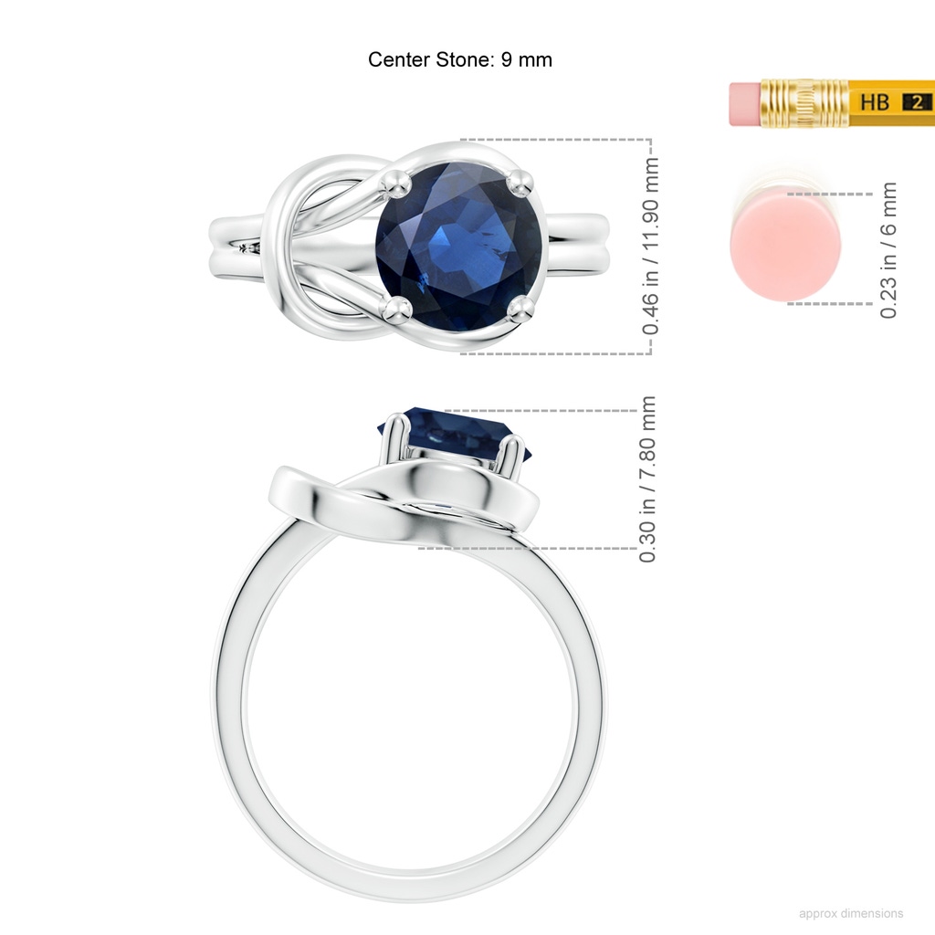 9mm AA Solitaire Blue Sapphire Infinity Knot Ring in P950 Platinum ruler