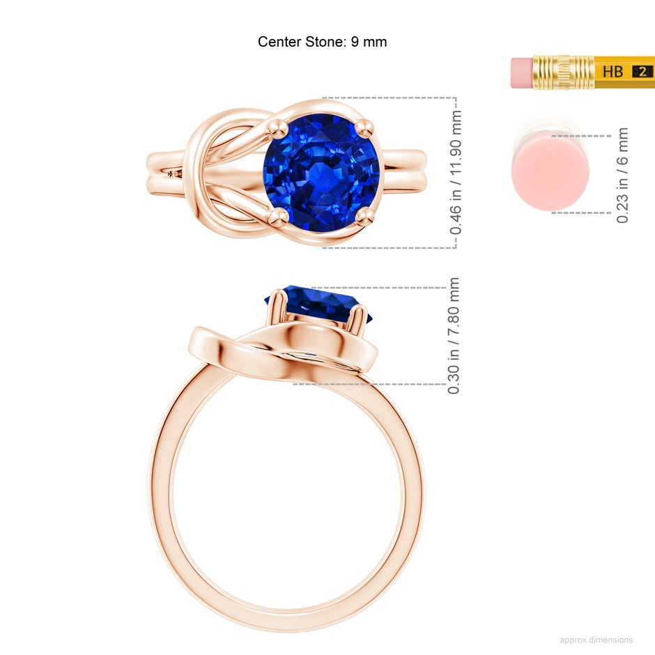 9mm AAAA Solitaire Blue Sapphire Infinity Knot Ring in Rose Gold ruler