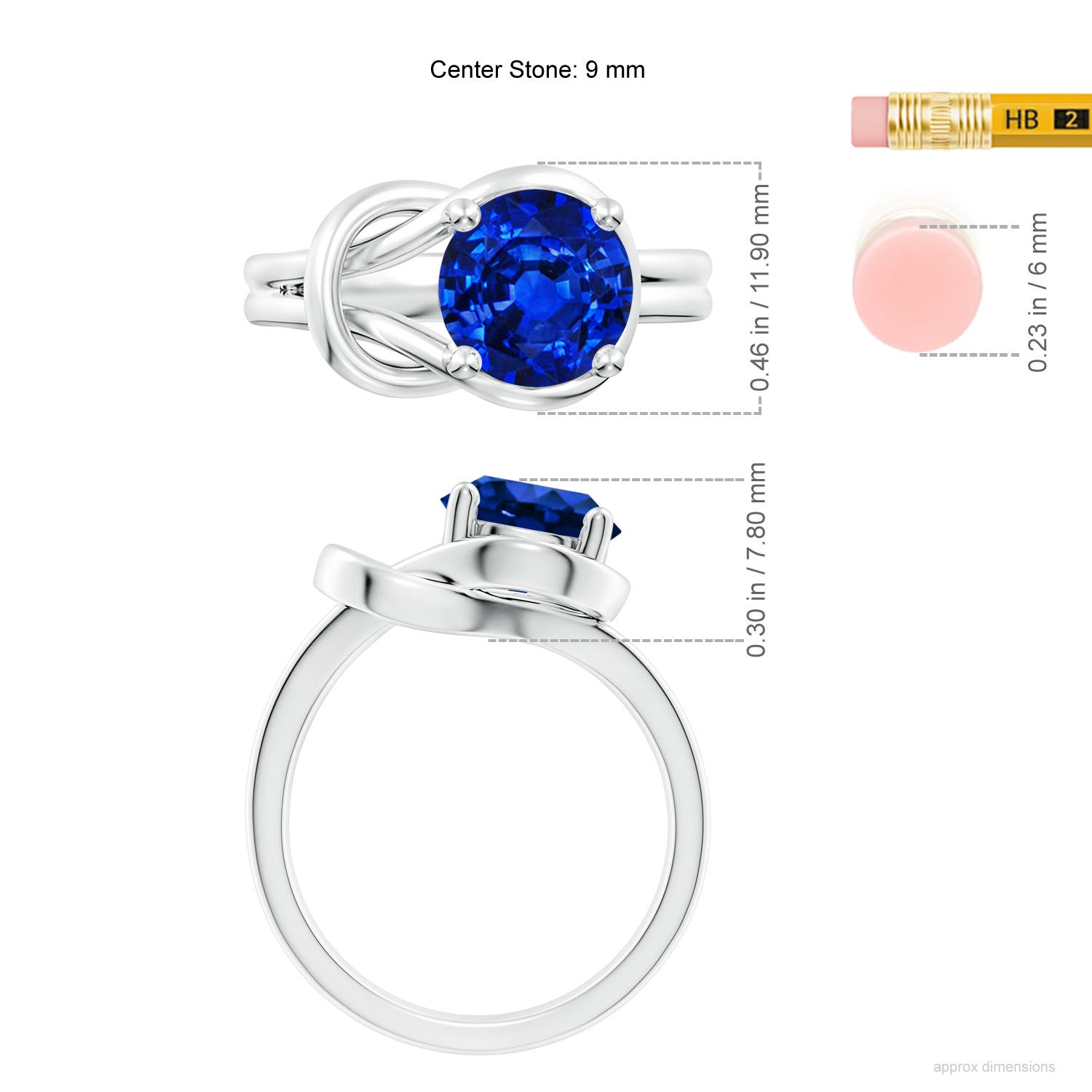 9mm AAAA Solitaire Blue Sapphire Infinity Knot Ring in White Gold - ruler