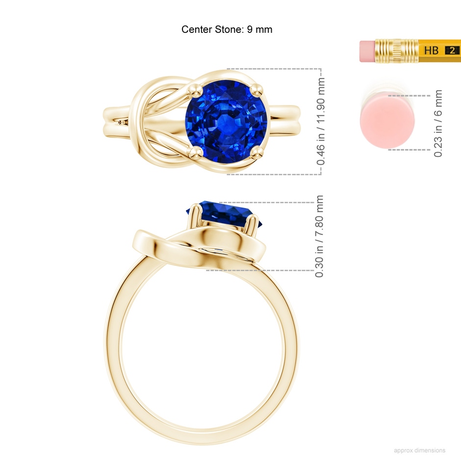 9mm Lab-Grown Solitaire Blue Sapphire Infinity Knot Ring in Yellow Gold ruler