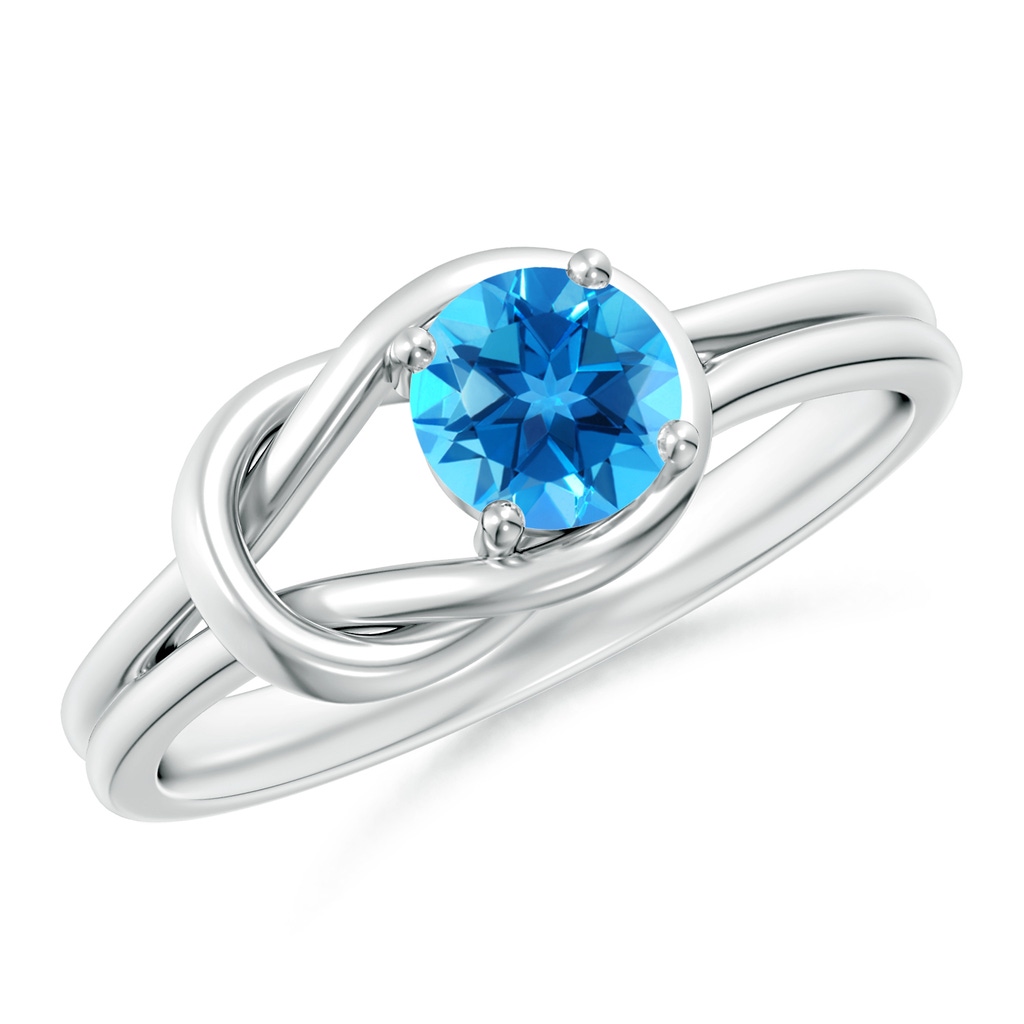 5mm AAAA Solitaire Swiss Blue Topaz Infinity Knot Ring in White Gold