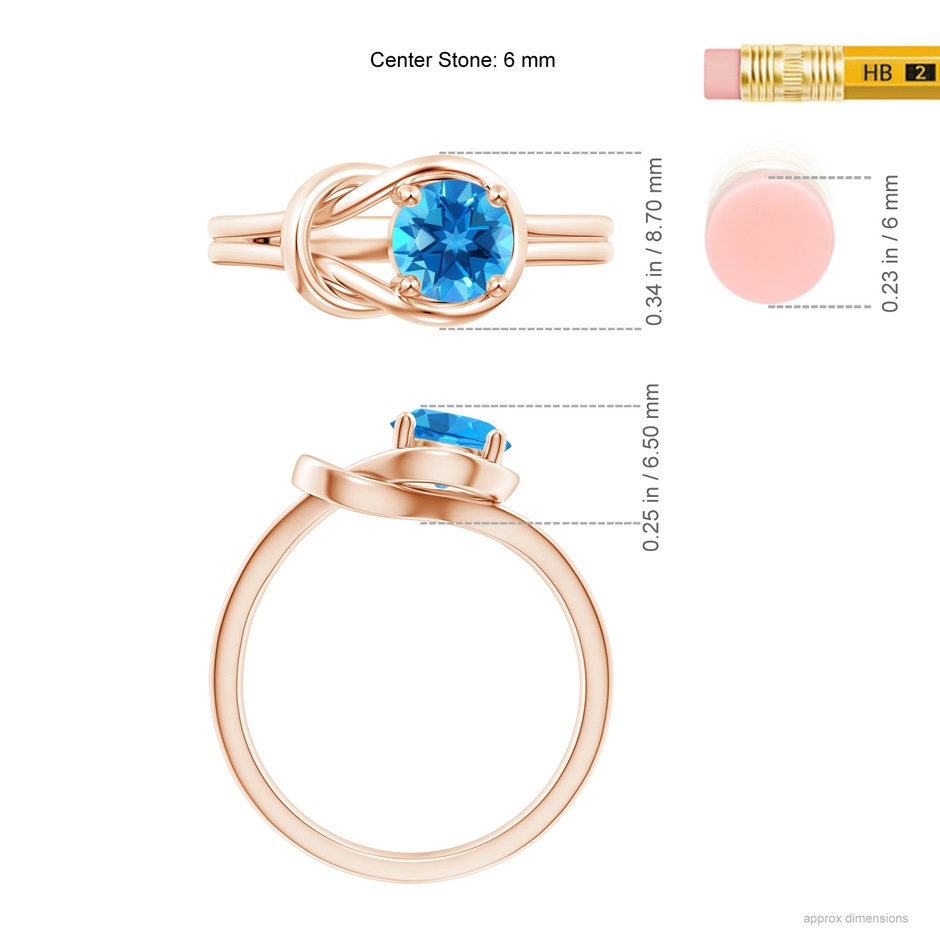 6mm AAAA Solitaire Swiss Blue Topaz Infinity Knot Ring in Rose Gold ruler