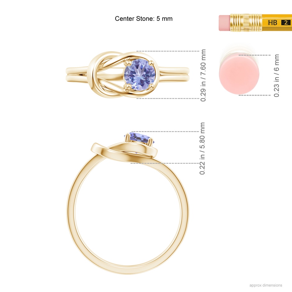 5mm AA Solitaire Tanzanite Infinity Knot Ring in Yellow Gold ruler