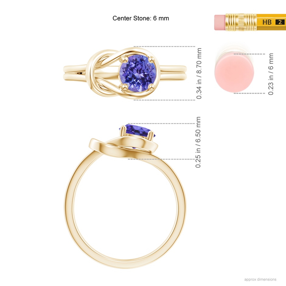 6mm AA Solitaire Tanzanite Infinity Knot Ring in 18K Yellow Gold ruler